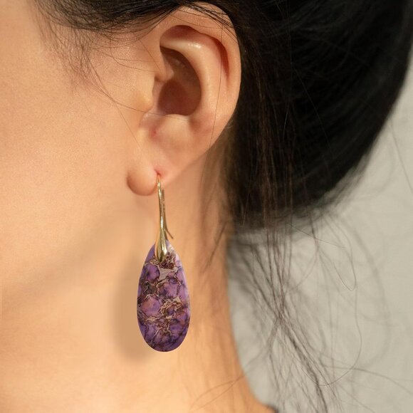 Light Purple-Golden Hook Stone Fishhoop Dangle Drop Statement Earring for Women - Picture 3 of 6